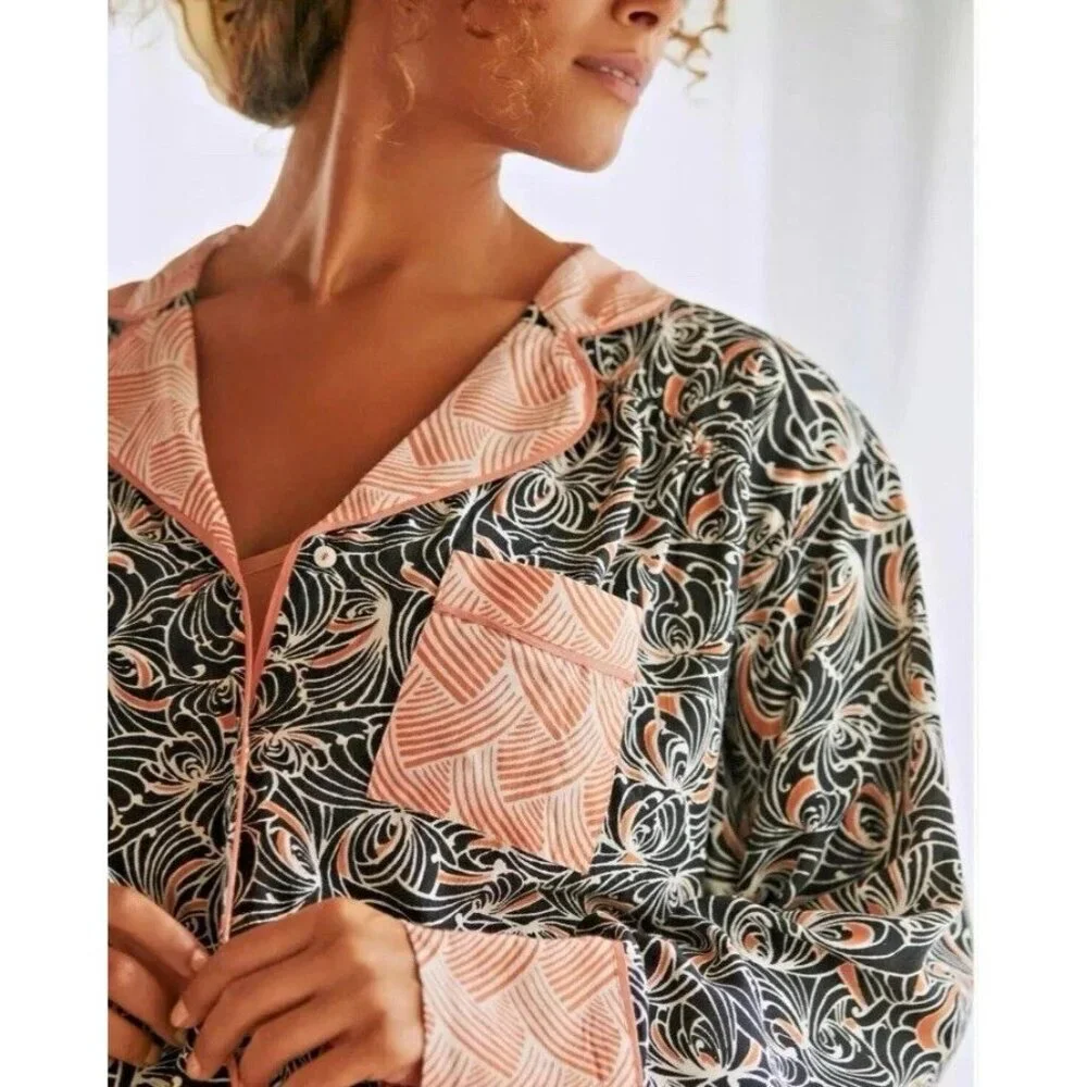 Anthropologie‎ Mix Print Pajama Top XXS Black women’s button up